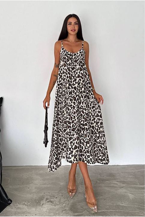 Askısı Ayarlanabilir Ön Arka V Yaka Leopar Desen Elbise-Krem