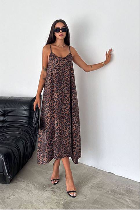Askısı Ayarlanabilir Ön Arka V Yaka Leopar Desen Elbise-Kahve