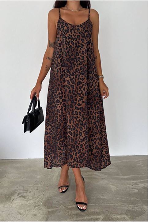 Askısı Ayarlanabilir Ön Arka V Yaka Leopar Desen Elbise-Kahve