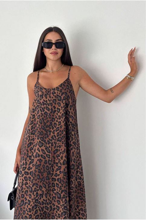 Askısı Ayarlanabilir Ön Arka V Yaka Leopar Desen Elbise-Kahve