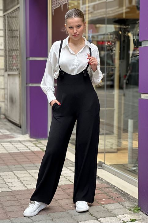 Kuş Gözlü Bol Paça Keten Tulum-Siyah