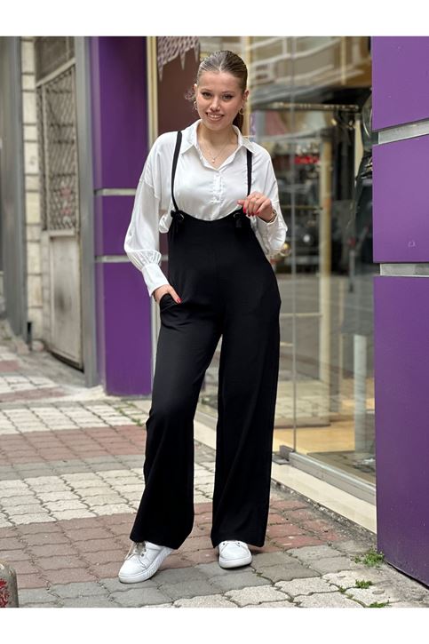 Kuş Gözlü Bol Paça Keten Tulum-Siyah