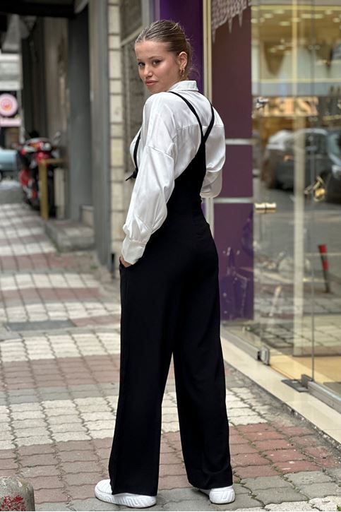 Kuş Gözlü Bol Paça Keten Tulum-Siyah