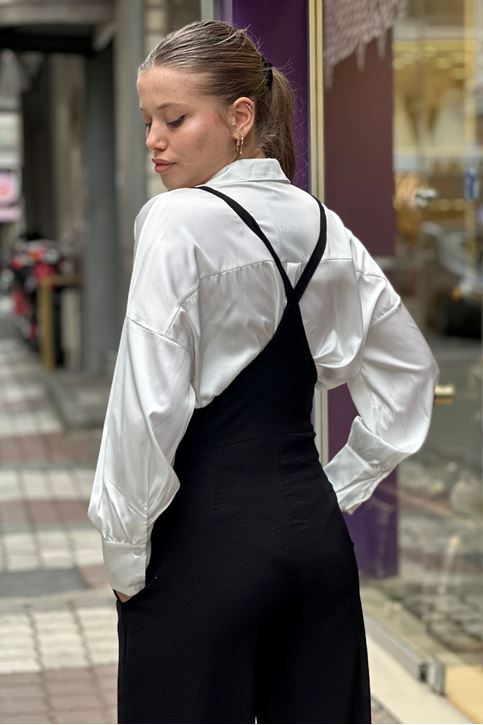 Kuş Gözlü Bol Paça Keten Tulum-Siyah