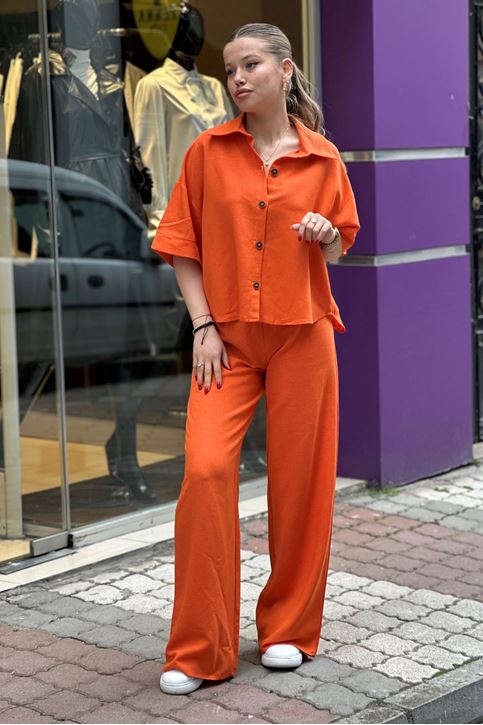 Kısa Kol Gömlekli Bol Paça İkili Takım-Turuncu