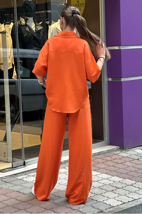 Kısa Kol Gömlekli Bol Paça İkili Takım-Turuncu