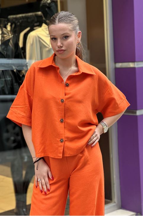 Kısa Kol Gömlekli Bol Paça İkili Takım-Turuncu