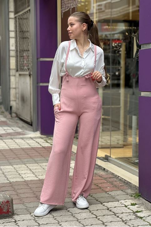 Kuş Gözlü Bol Paça Keten Tulum-Pembe