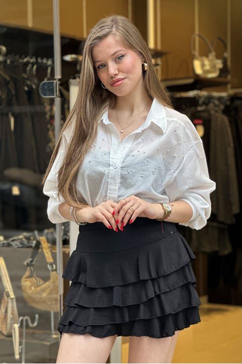 Beli Lastikli Kat Kat Volanlı Mini Etek-Siyah