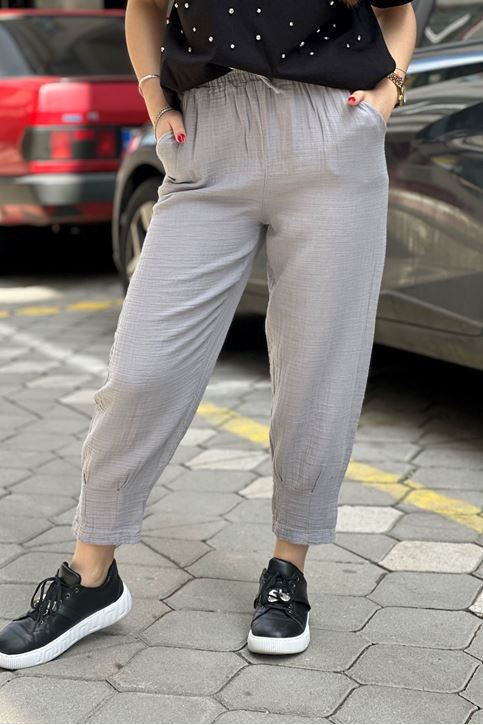 Paçası Pensli Beli Lastikli Müslin Pantolon-Gri