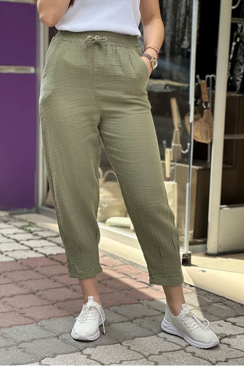 Paçası Pensli Beli Lastikli Müslin Pantolon-Haki