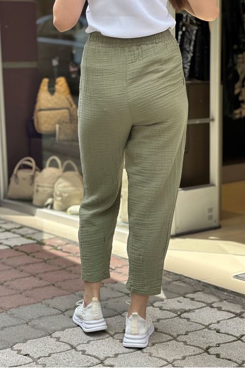 Paçası Pensli Beli Lastikli Müslin Pantolon-Haki