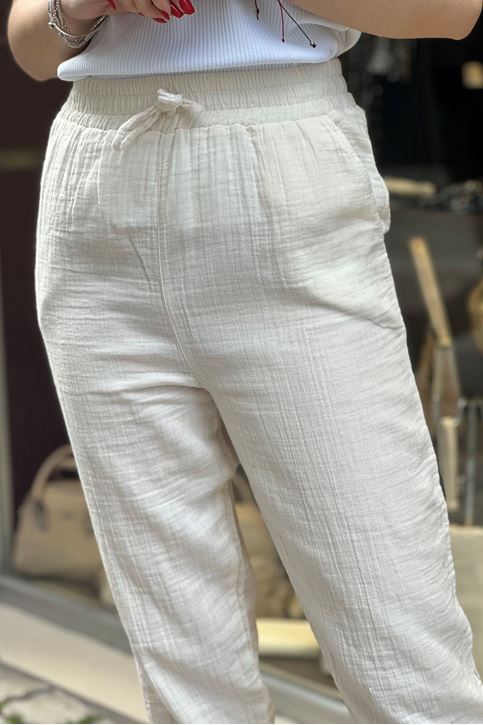 Paçası Pensli Beli Lastikli Müslin Pantolon-Krem