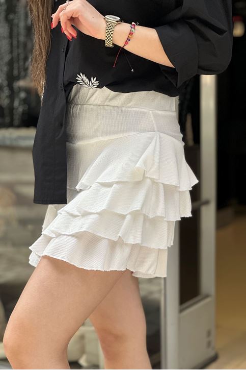 Beli Lastikli Kat Kat Volanlı Mini Etek-Beyaz