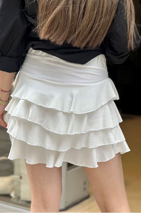 Beli Lastikli Kat Kat Volanlı Mini Etek-Beyaz