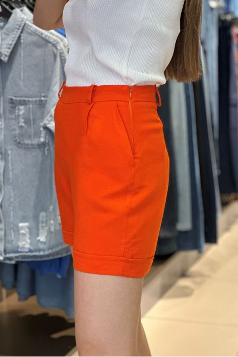 Paçası Katlamalı Keten Şort-Turuncu
