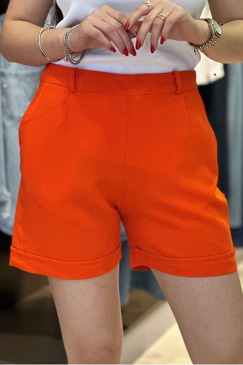 Paçası Katlamalı Keten Şort-Turuncu