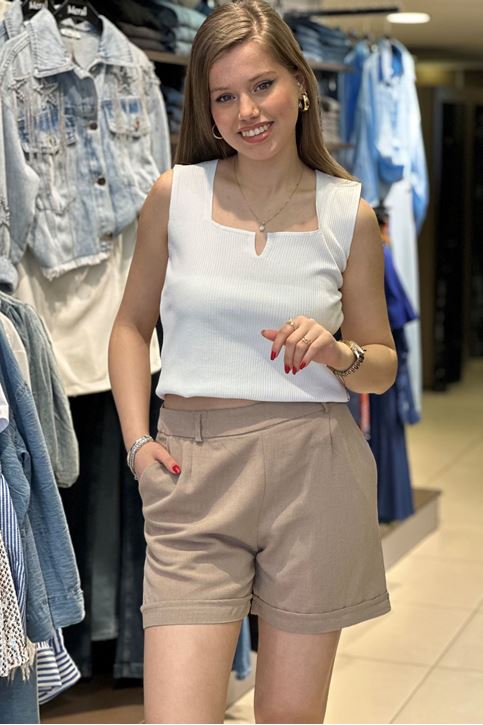 Paçası Katlamalı Keten Şort-Vizon