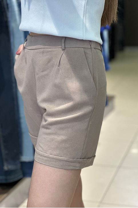 Paçası Katlamalı Keten Şort-Vizon