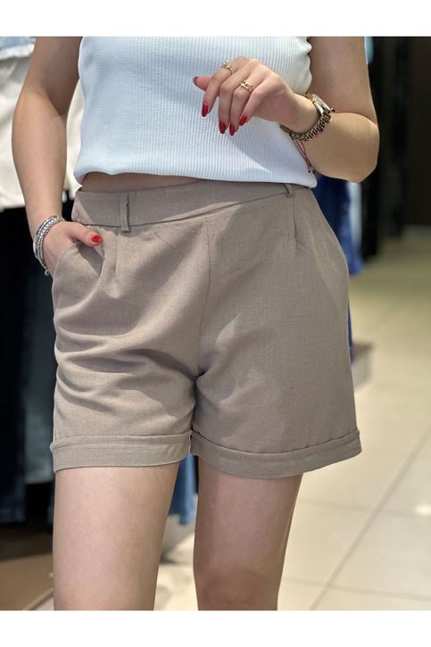 Paçası Katlamalı Keten Şort-Vizon