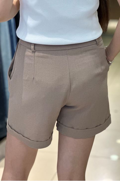 Paçası Katlamalı Keten Şort-Vizon