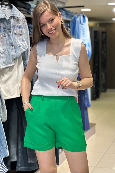 Paçası Katlamalı Keten Şort-Yeşil