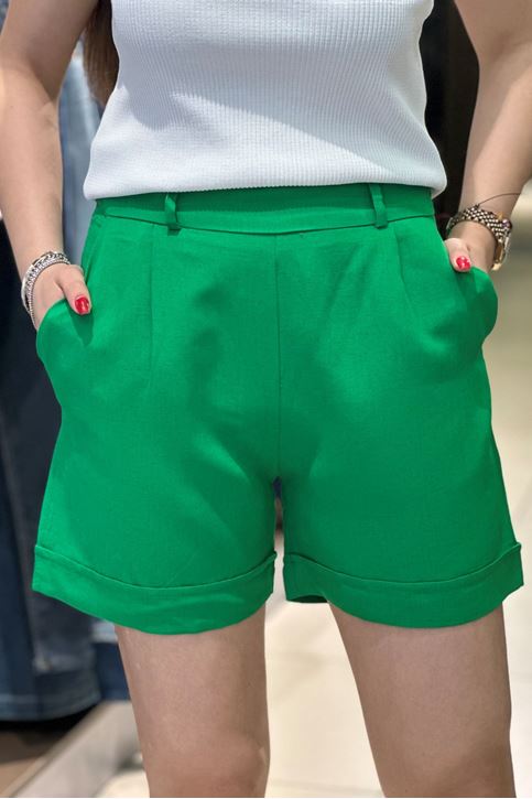 Paçası Katlamalı Keten Şort-Yeşil