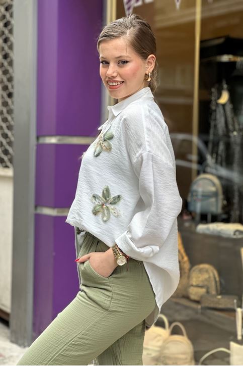 Çiçek Tül Detay Keten Salaş Gömlek-Krem