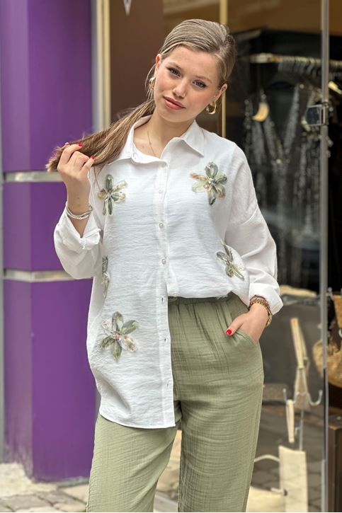 Çiçek Tül Detay Keten Salaş Gömlek-Krem