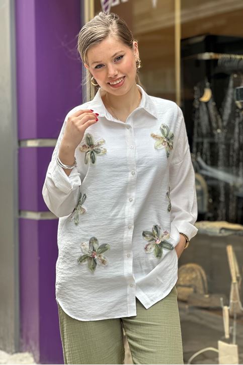 Çiçek Tül Detay Keten Salaş Gömlek-Krem