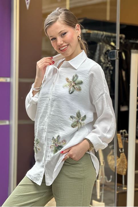 Çiçek Tül Detay Keten Salaş Gömlek-Krem