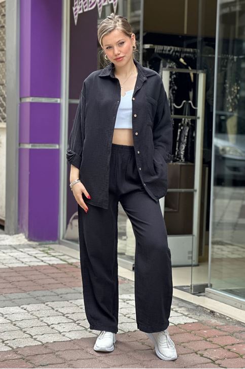 Müslin Doku Tek Cepli Bol Paça İkili Takım-Siyah