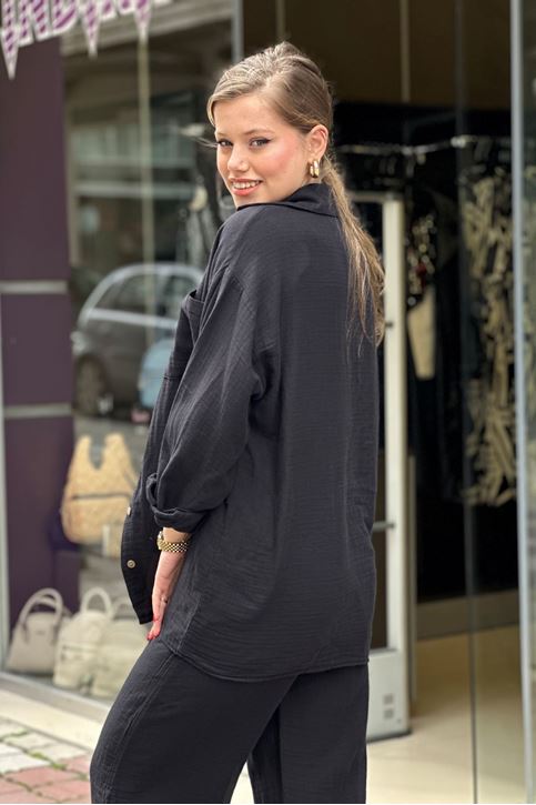 Müslin Doku Tek Cepli Bol Paça İkili Takım-Siyah