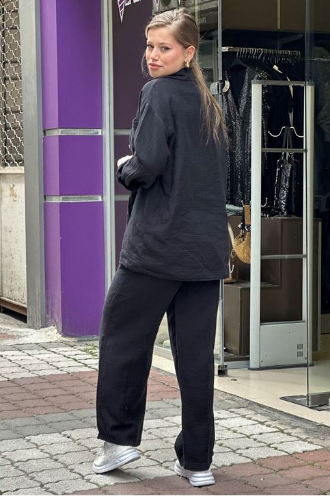 Müslin Doku Tek Cepli Bol Paça İkili Takım-Siyah
