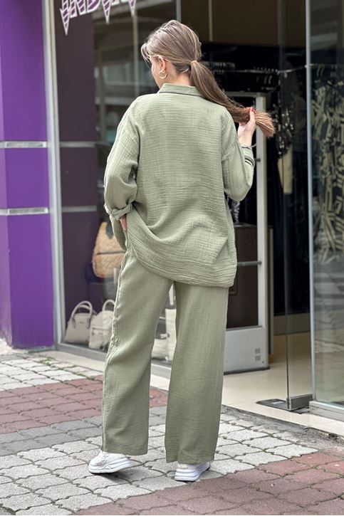 Müslin Doku Tek Cepli Bol Paça İkili Takım-Yeşil