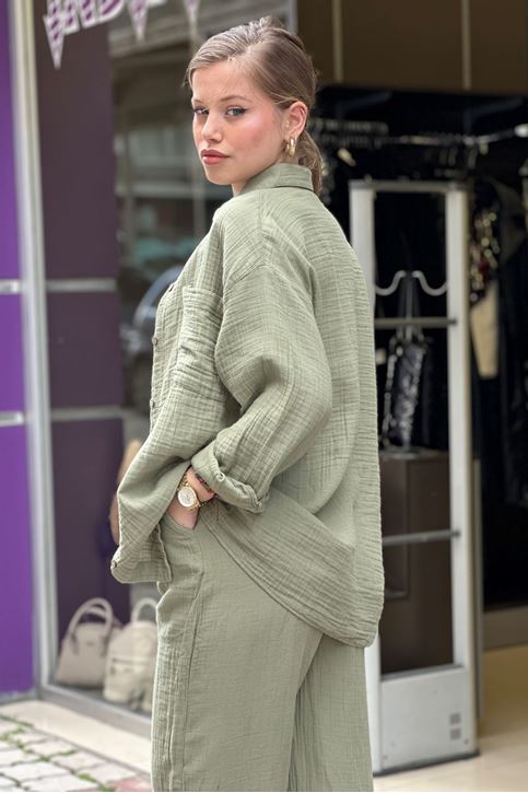 Müslin Doku Tek Cepli Bol Paça İkili Takım-Yeşil