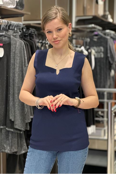 Büyük Beden Yaka Yırtmaçlı Triko Bluz-Lacivert