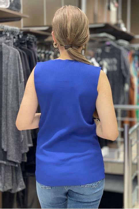 Büyük Beden Yaka Yırtmaçlı Triko Bluz-Saksmavi