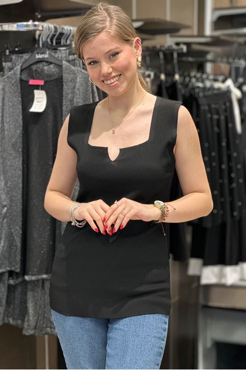 Büyük Beden Yaka Yırtmaçlı Triko Bluz-Siyah