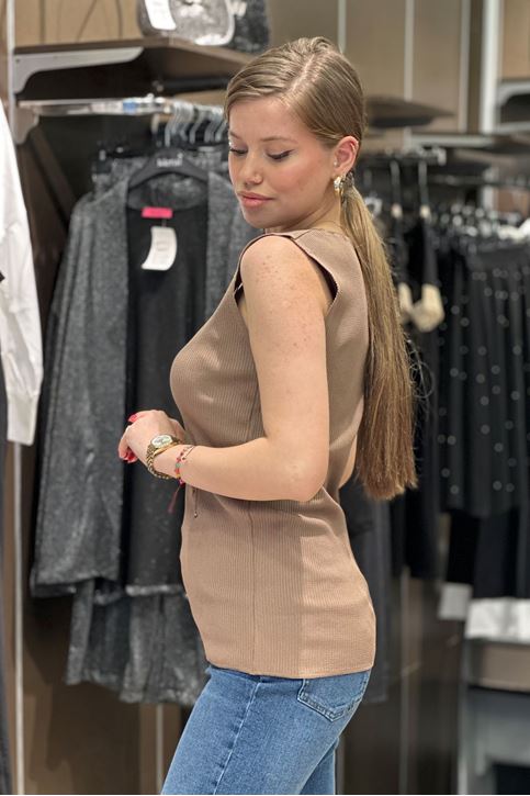 Büyük Beden Yaka Yırtmaçlı Triko Bluz-Vizon