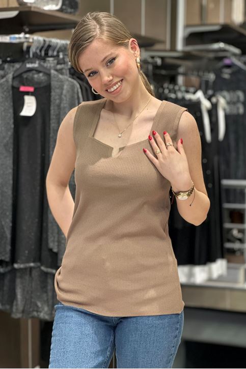 Büyük Beden Yaka Yırtmaçlı Triko Bluz-Vizon