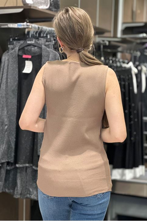 Büyük Beden Yaka Yırtmaçlı Triko Bluz-Vizon