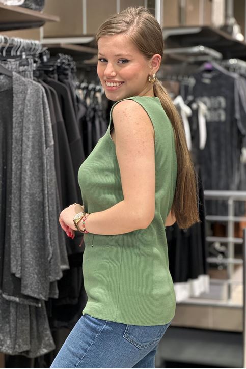 Büyük Beden Yaka Yırtmaçlı Triko Bluz-Yeşil