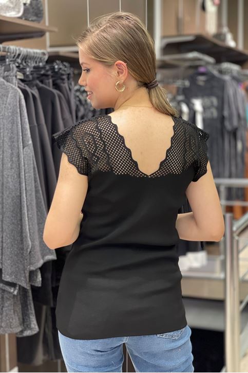 Ön Arka V Yaka Omuz Dantel Detaylı Triko-Siyah