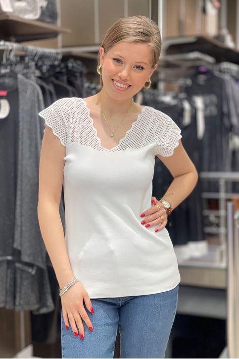 Ön Arka V Yaka Omuz Dantel Detaylı Triko-Beyaz