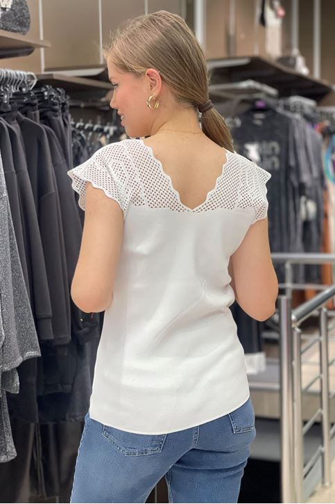 Ön Arka V Yaka Omuz Dantel Detaylı Triko-Beyaz