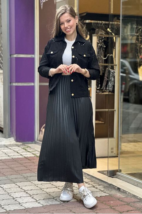 Beli Lastikli Uzun Pileli Etek-Siyah