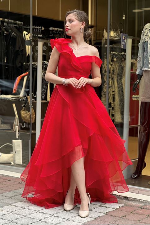 Yaka Volan Detay Şifon Tül Kat Kat Abiye-Kırmızı