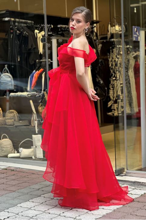 Yaka Volan Detay Şifon Tül Kat Kat Abiye-Kırmızı