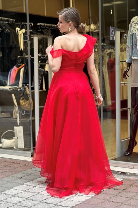 Yaka Volan Detay Şifon Tül Kat Kat Abiye-Kırmızı